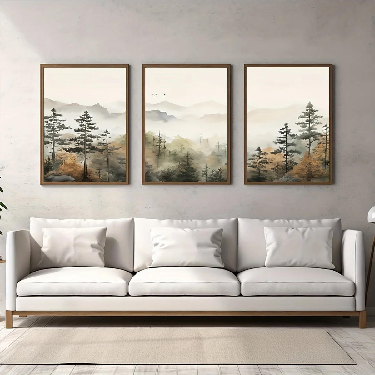 FramelessSet of 3 Art Deco Modern Minimalist Fall and Spring Landscape Canvas Art Prints - Abstract Nature Forest and Mountain W