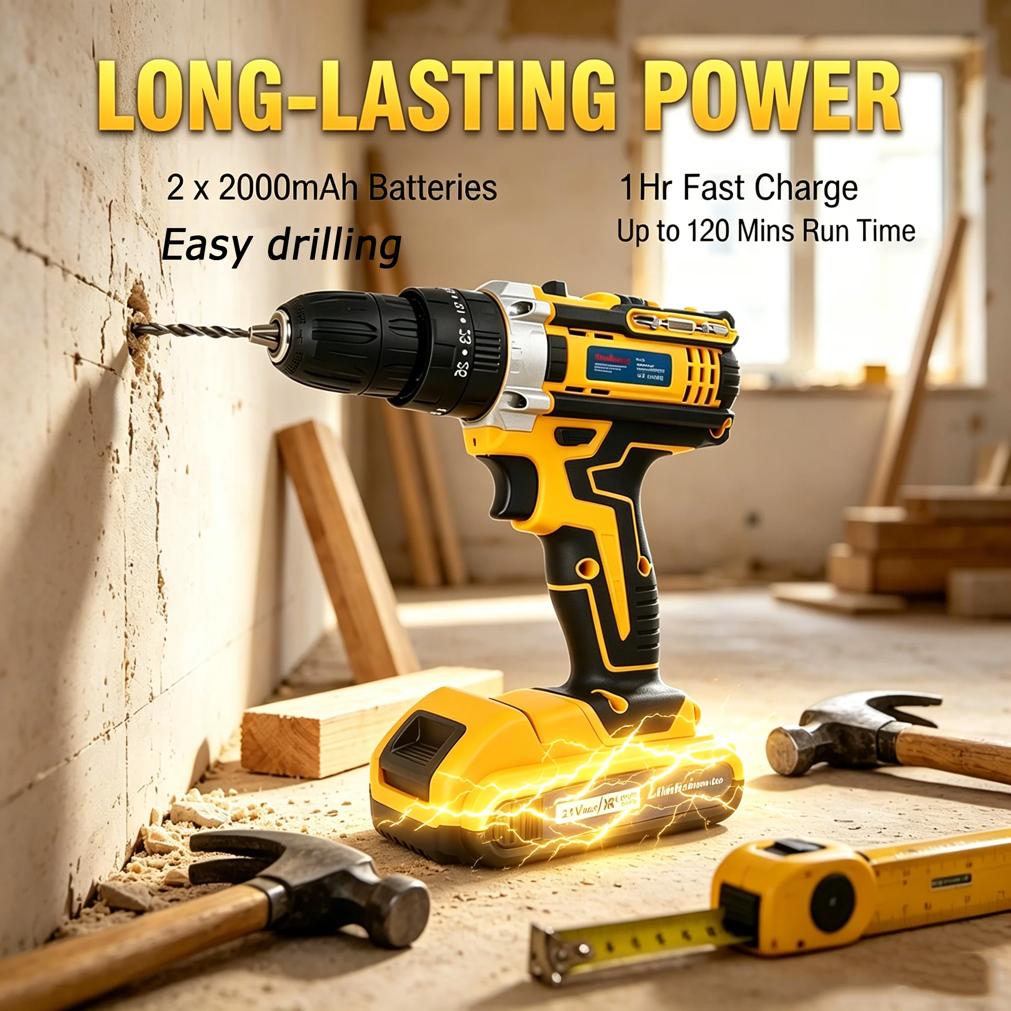 

21V New Rechargeable Drill, Household Drill, Cordless Power Tool with Lithium Battery, Multifunctional Cordless Impact Drill, And Electric Screwdriver Set Are Perfect Gifts for Boyfriends And Fathers to Choose From