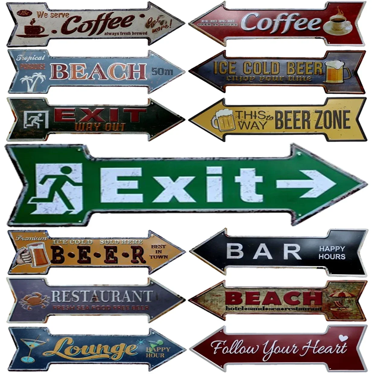 Retro Exit Coffee Lounge Metal Tin Signs Vintage Street Signs Retro Arrow Directional Signage Funny Tin Sign for Wall Decoration