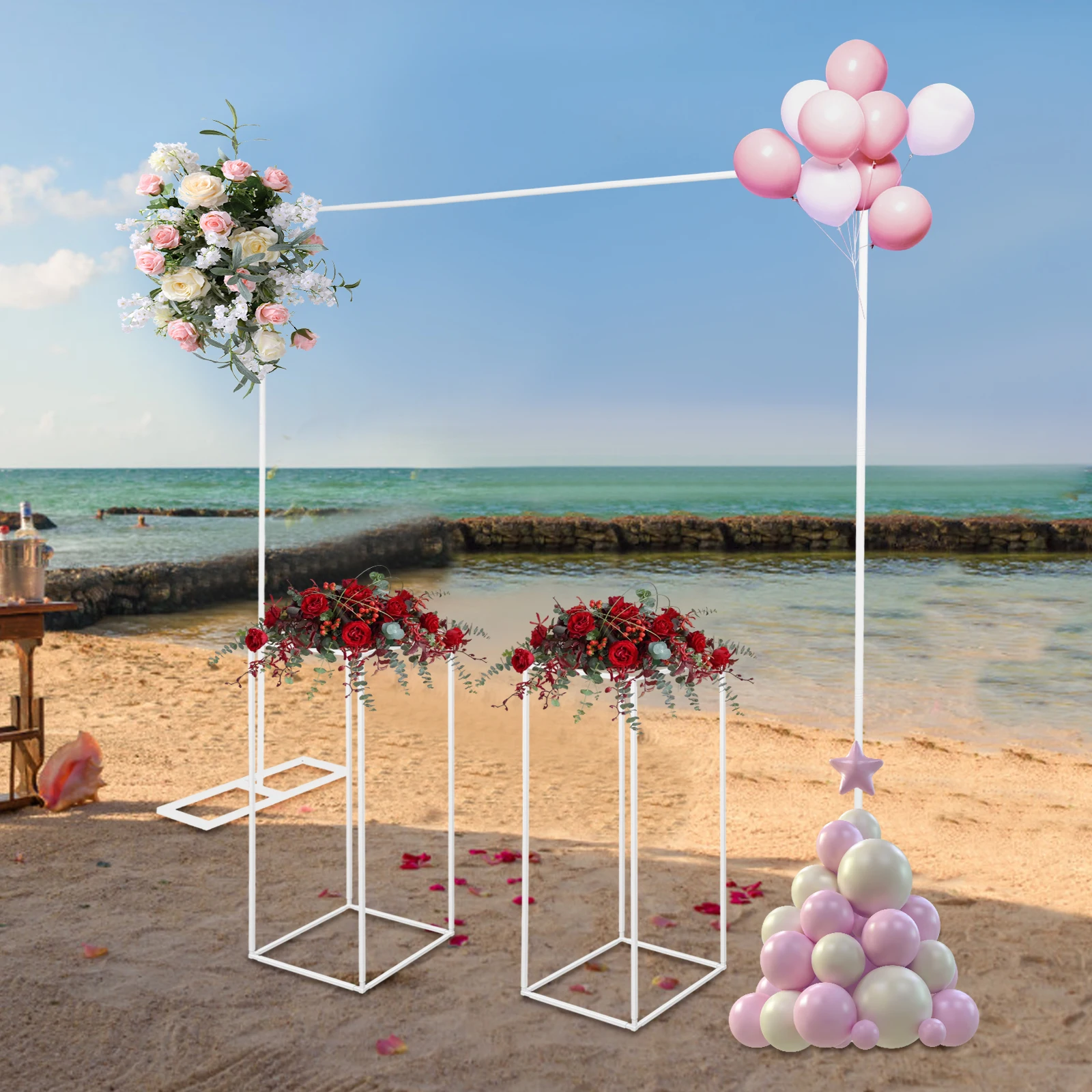 2x2m Balloon Arch Stand with 2 Flower Stands, Metal Wedding Backdrop Stand Set for Party Ceremony Photo Booth Decor (Gold/White)