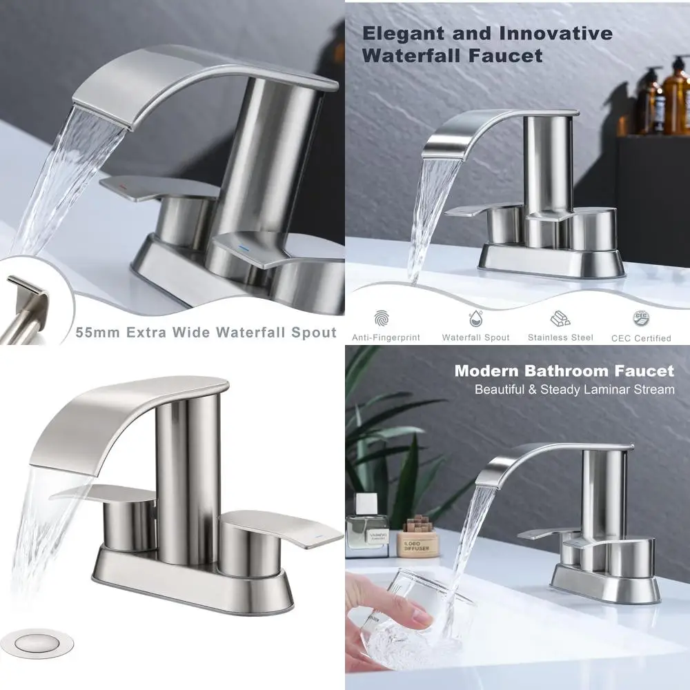 

Brushed Nickel Two-Handle Bathroom Sink Faucet with Pop-Up Drain, Suitable for 2 or 3 Hole Basins, Design Patent US D983,326 S
