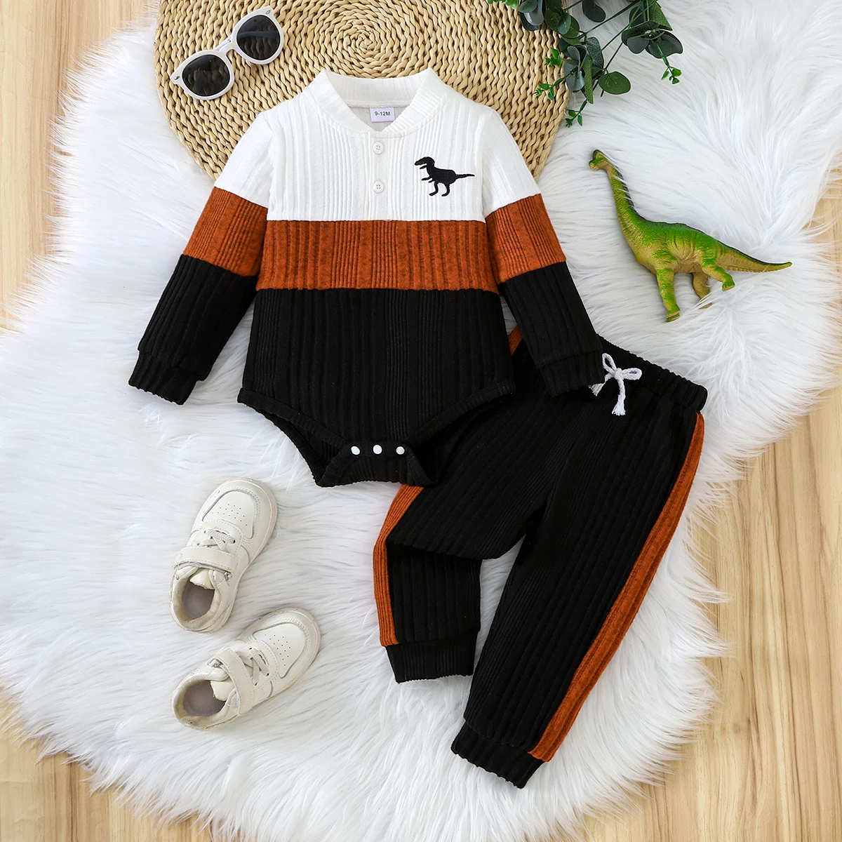 Boys Dinosaur Print Color Block Set Warm Top with Button And Pants Side Color Stripe Design Brown Black White Dinosaur Element