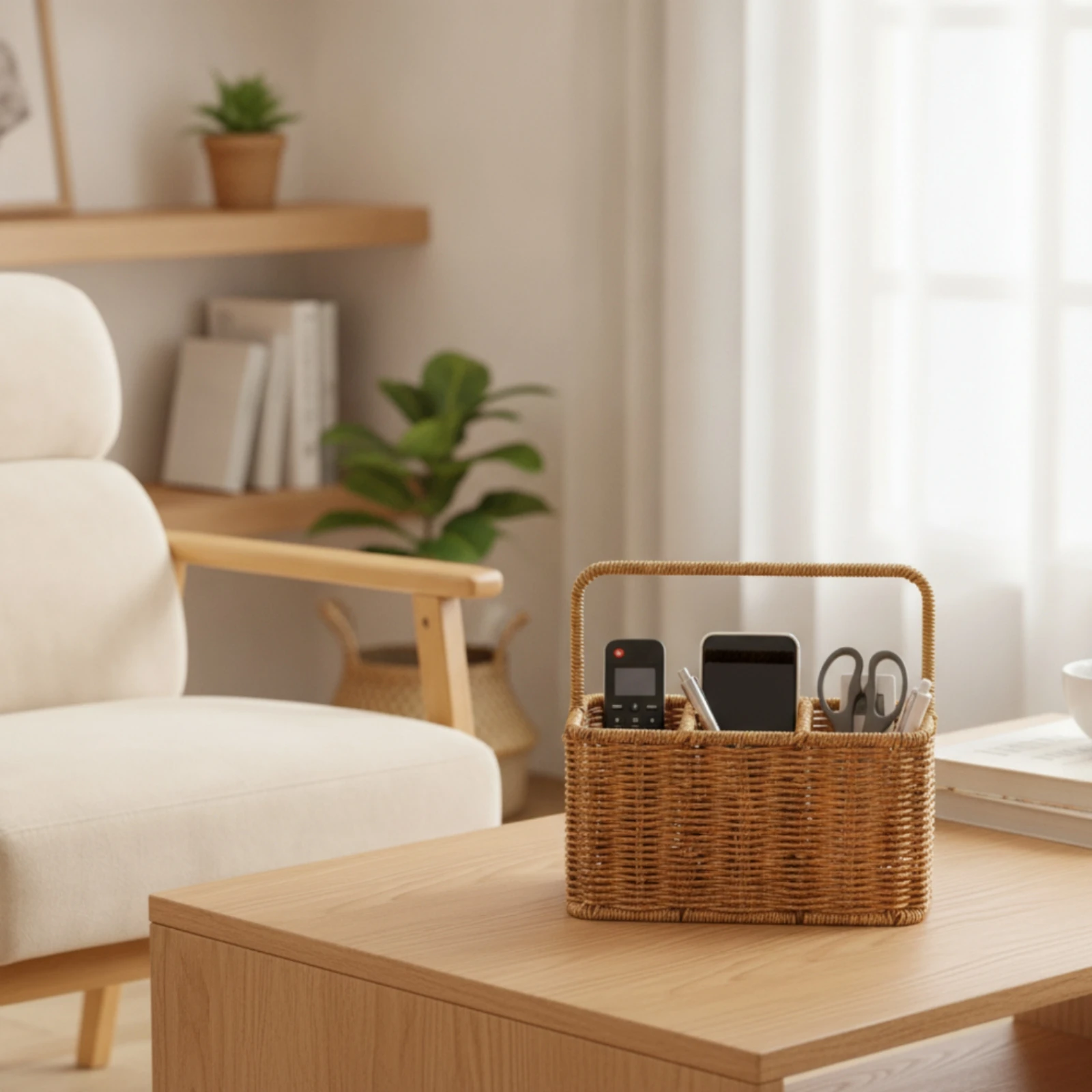 Wicker Basket with Handle Divided Organizer Basket Rustic Storage Bin for Kitchen Dining Table and Office