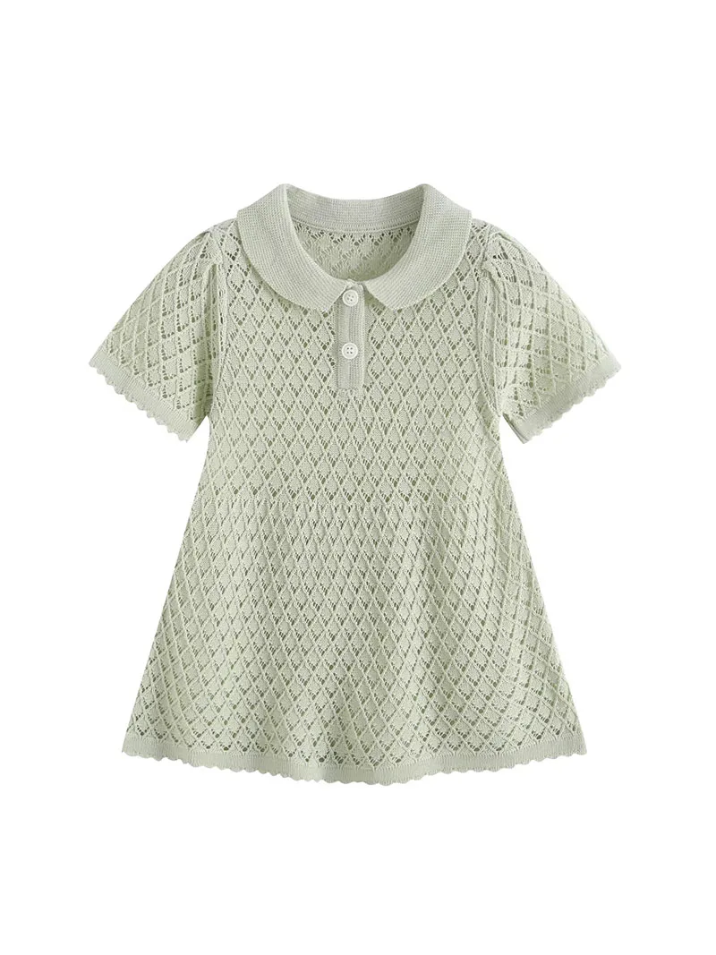 FINEPAT Summer Baby Dress  Hollow-out Diamond Pattern Baby Girls Knit Dress Sweet Thin Ventilate Childre Clothes 9M-4T