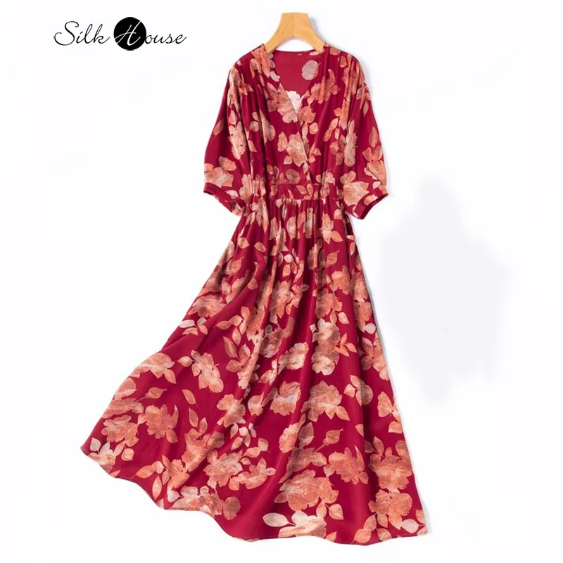 

Retro Red Elegant Vacation Style 100% Natural Mulberry Silk Crepe De Chine V-neck Lantern Sleeve High Waist Women's Casual Dress