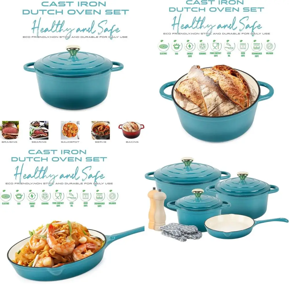 

7-Piece Non-Stick Enameled Cast Iron Dutch Oven Set: 24cm Fry Pan, 18cm, 21cm, 24cm Cookware with Lids, Gloves & Mills