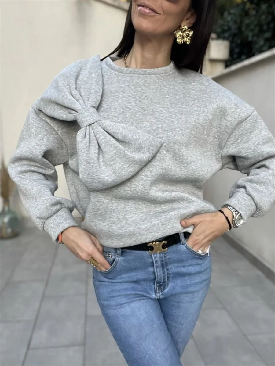 Women s Fall Loose Pullover Cute 3D Bowknot Solid Color Long Sleeve Crew Neck Sweatshirt