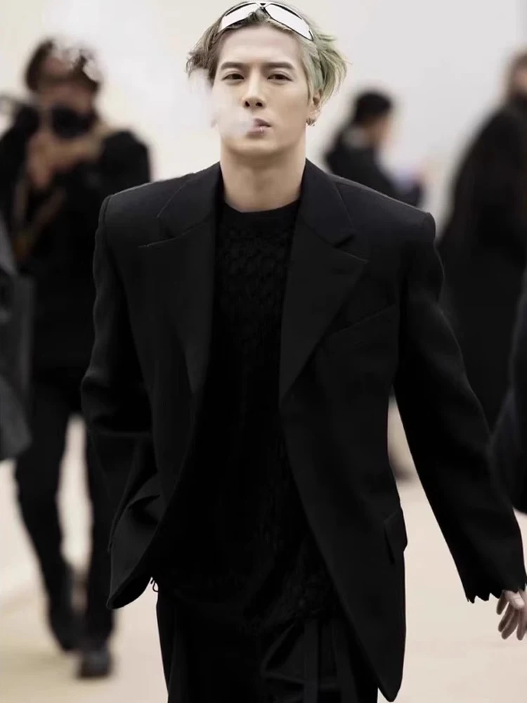 

Pure Bla Neapolitan Suit Jaet for Men Casual American Sle Long Sve Button Decorated Stand Fit Spring Faion