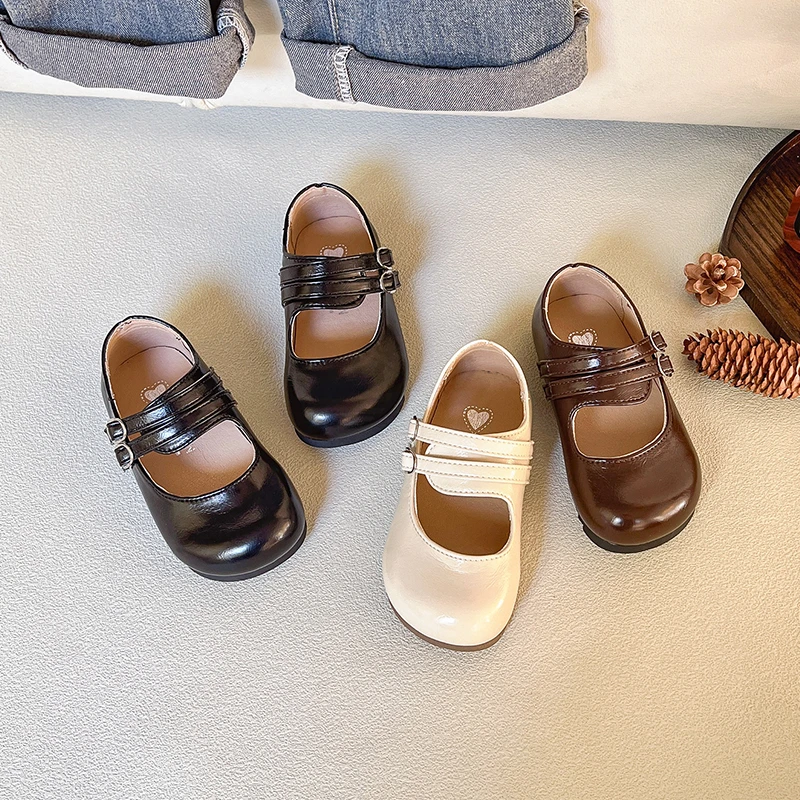 Trendy Soft-Sole Little Girl Mary Jane Shoes Patent Leather Double Buckle Flats Retro Preppy Casual School Lolita Footwear