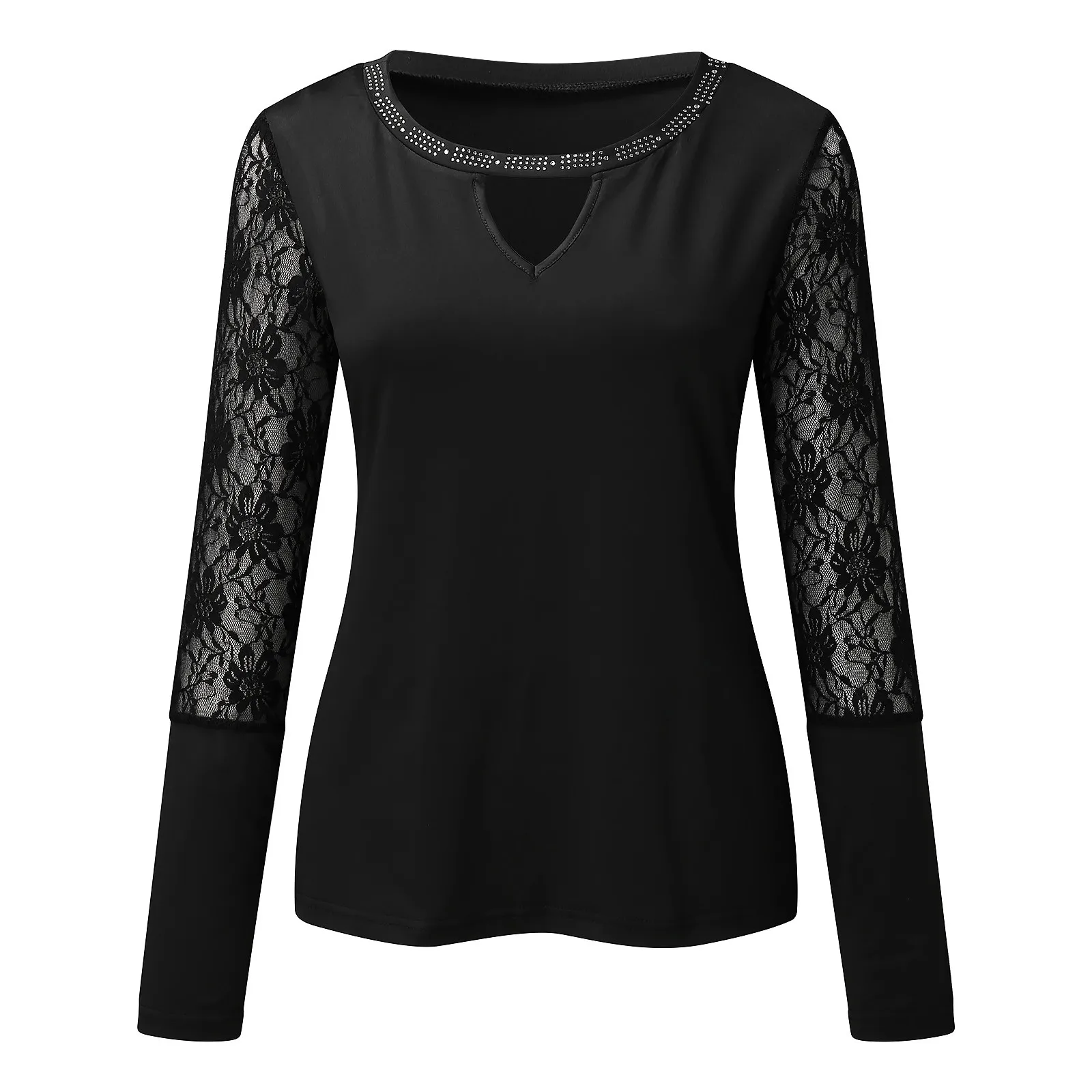 Lace Patchwork Shirts For Women Rhinestine Tops Sheer Hollow Long Sleeve Shitrs Slim Fit Solid Blouse Women Elegant Blouse Fall