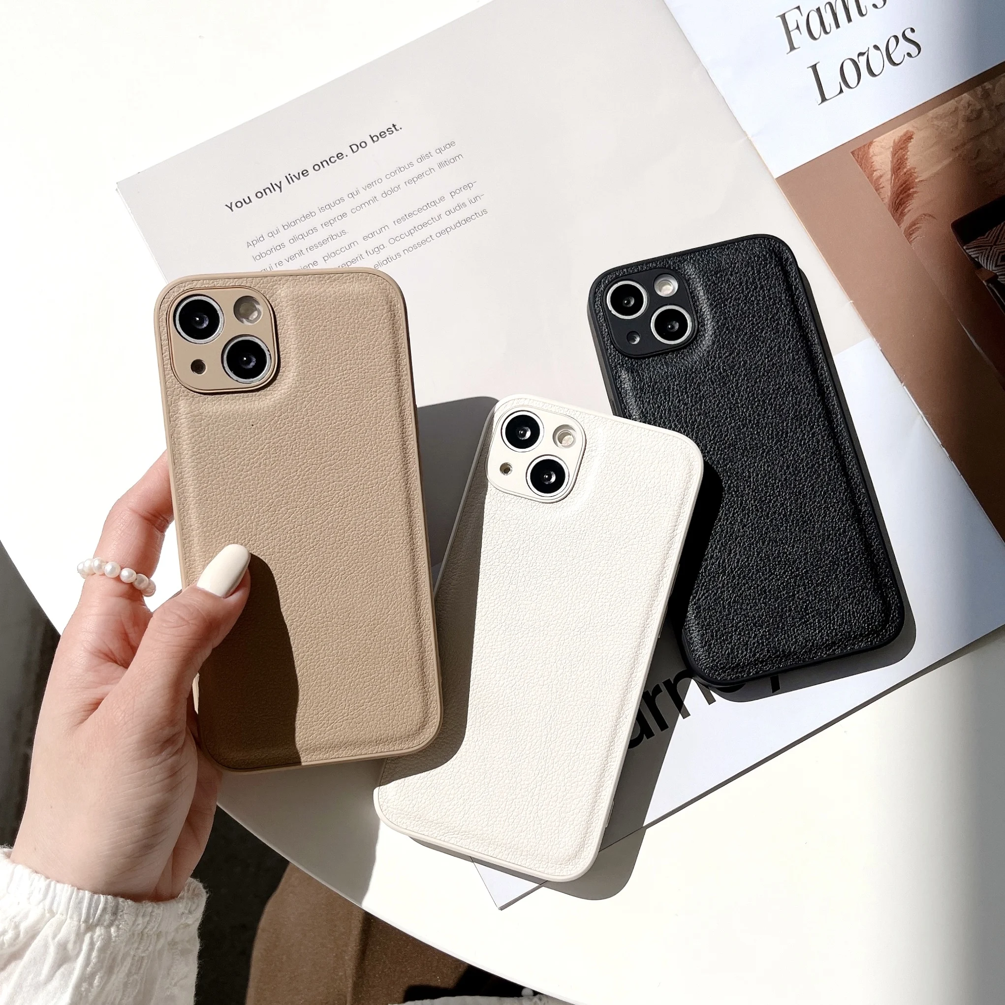 Luxury Solid Color Pu Leather Silicone Phone Case For Iphone 11 12 13 14 15 16 Pro MAX X XR XS SE 7 8Plus White Brown Pink Cover