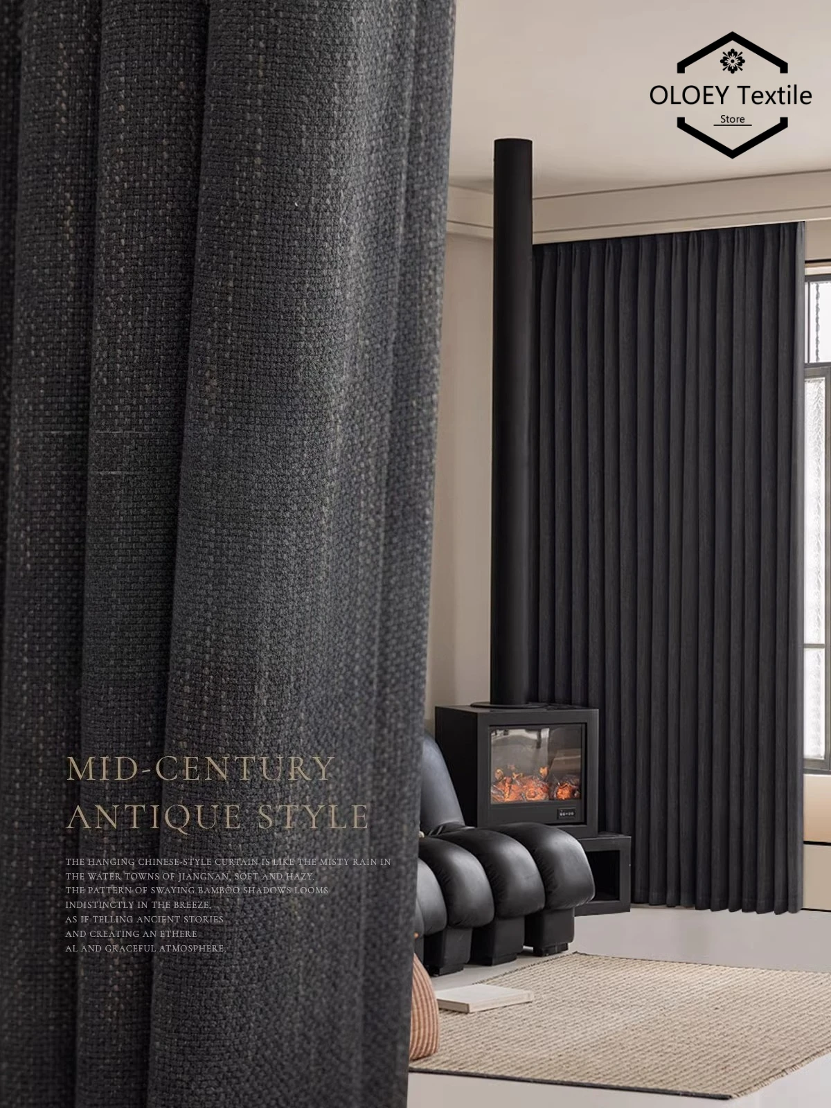 

Custom Made Vintage Retro Black Chenille Cotton Linen Curtains for Living Room Bedroom in Light Luxury High End Home Decor Tulle