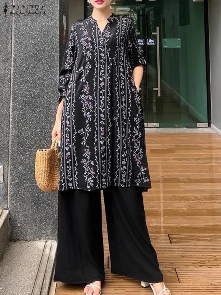 

ZANZEA Vintage Women 2 Piece Sets 2025 Autumn Outfts Casual Long Sleeve Print Tops Trousers Long Shirt Pant Suit Loose Tracksuit