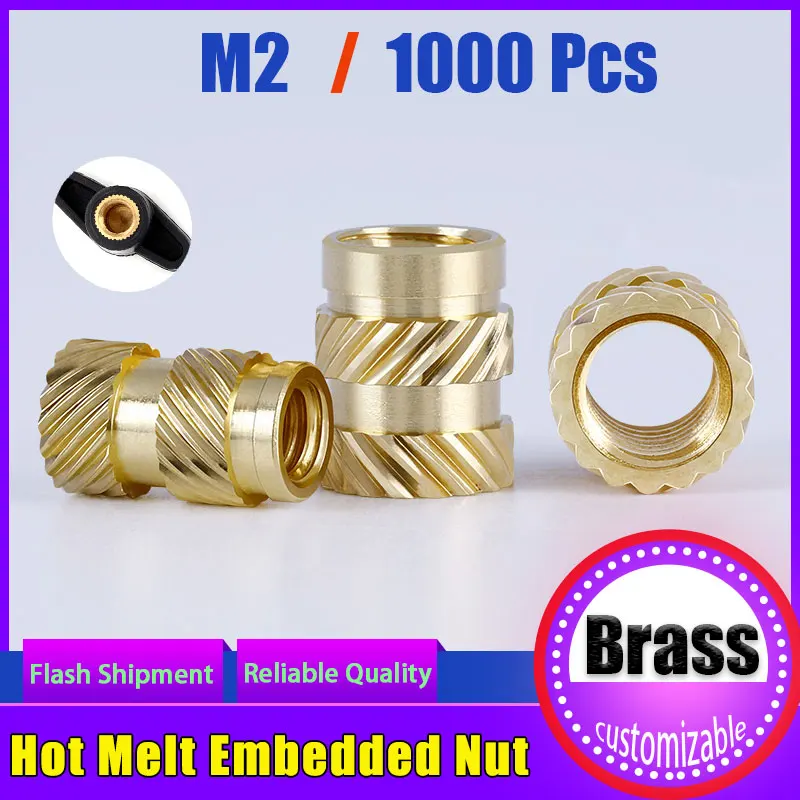 1000Pcs M2 Brass Insert Nut Hot Melt Heat Embedded Injection Molded Plastic Case Metric Knurled Thread Copper Nut