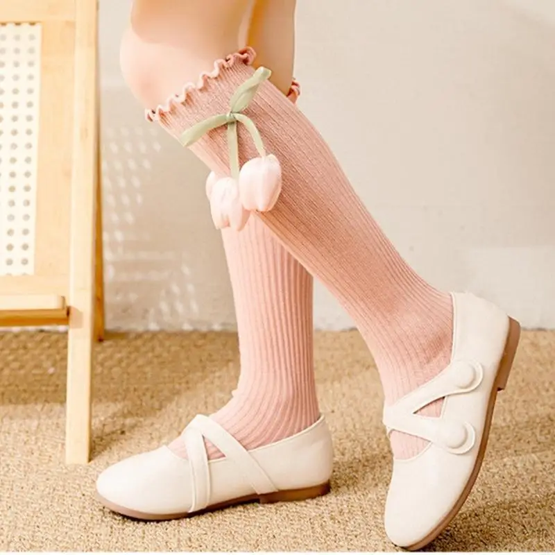 

Ruffle Kneehigh Socks Kids MidCalf Socks Breathable Stretchy Cotton Socks