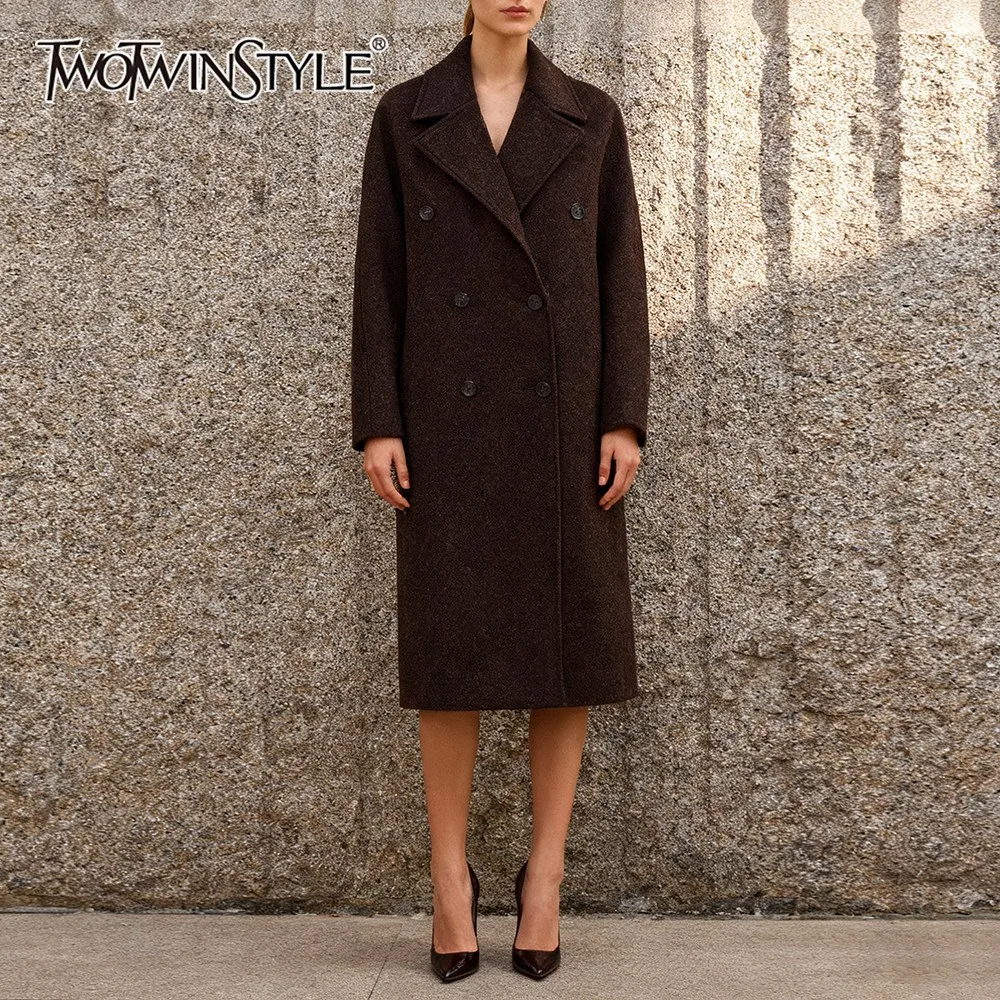 

TWOTWINSTYLE Высококачественная официальная куртка для женщин с зубчатым воротником и длинными рукавами, двубортные шерстяные пальто, женская мода