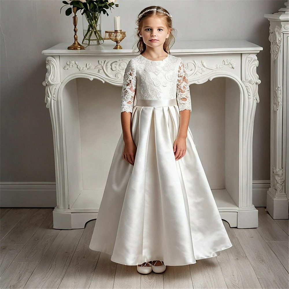 Elegant Ivory ดอกไม้สาวชุด First Communion Gowns กับ Guipure ลูกไม้และซาตินโบว์ของขวัญวันเกิดชุดราตรีน่ารัก