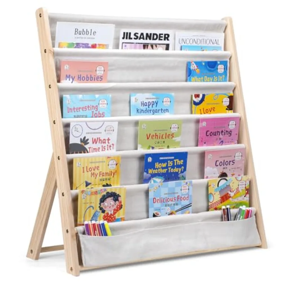 Wooden Bookshelf for 6 Tier Bookcase Storage Display Rack with Fabric Storage Pockets Easy Access Magazine Rack for 's Bedroom