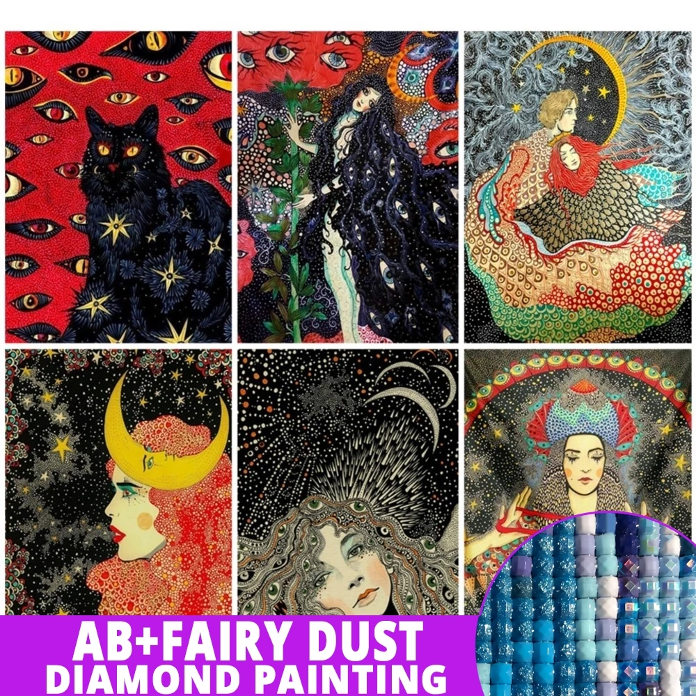 AB Fairy Dust Cat Coven Psychedelic Girl Diamond Painting Art Witchcraft 5D DIY Embroidery Full Drill Hippie Wall Art Room Decor