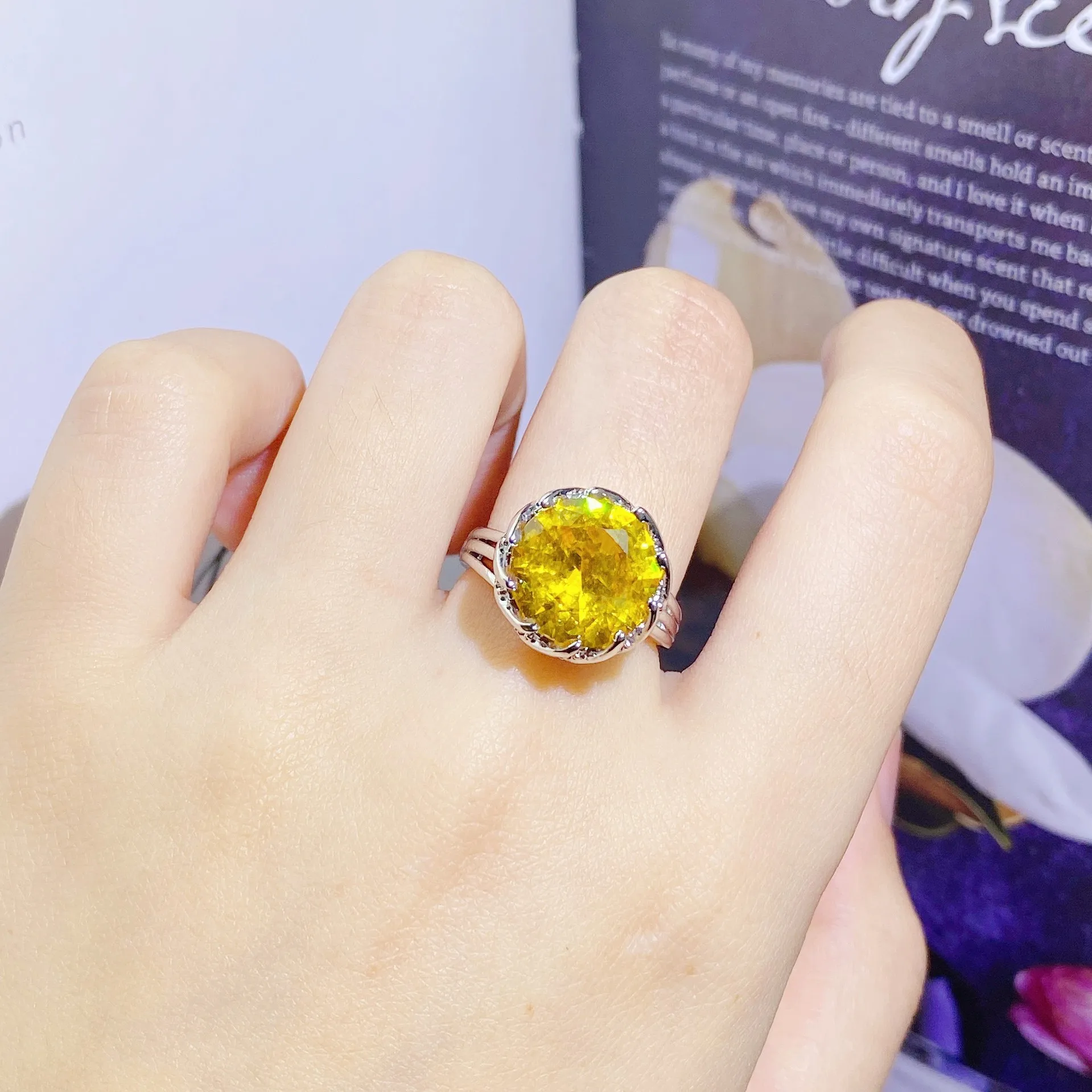 DIY accessories Live stream explosion full diamond lotus ring 7.5 carats lucky yellow diamond technology diamond colored treasur