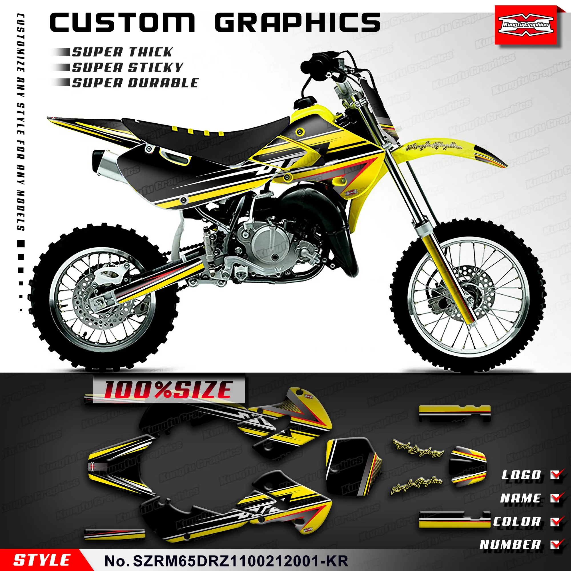 KUNGFU GRAPHICS MX Stickers Motorcycle Graphics for Suzuki RM65 &DRZ110 02 03 04 05 06 07 08 09 10 11 12,SZRM65DRZ1100212001-KR