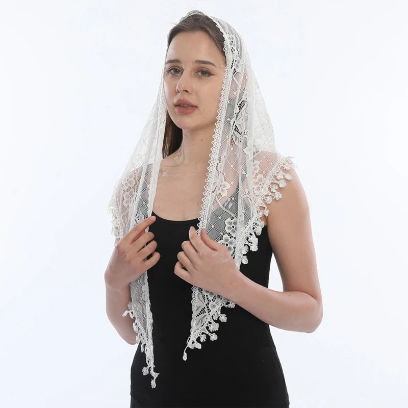 Ethnic Lace Chapel Veil for Women Headscarf Mantilla Veil Turban Hairband for Church Mass Catholic Head Scarf Lady Shawl