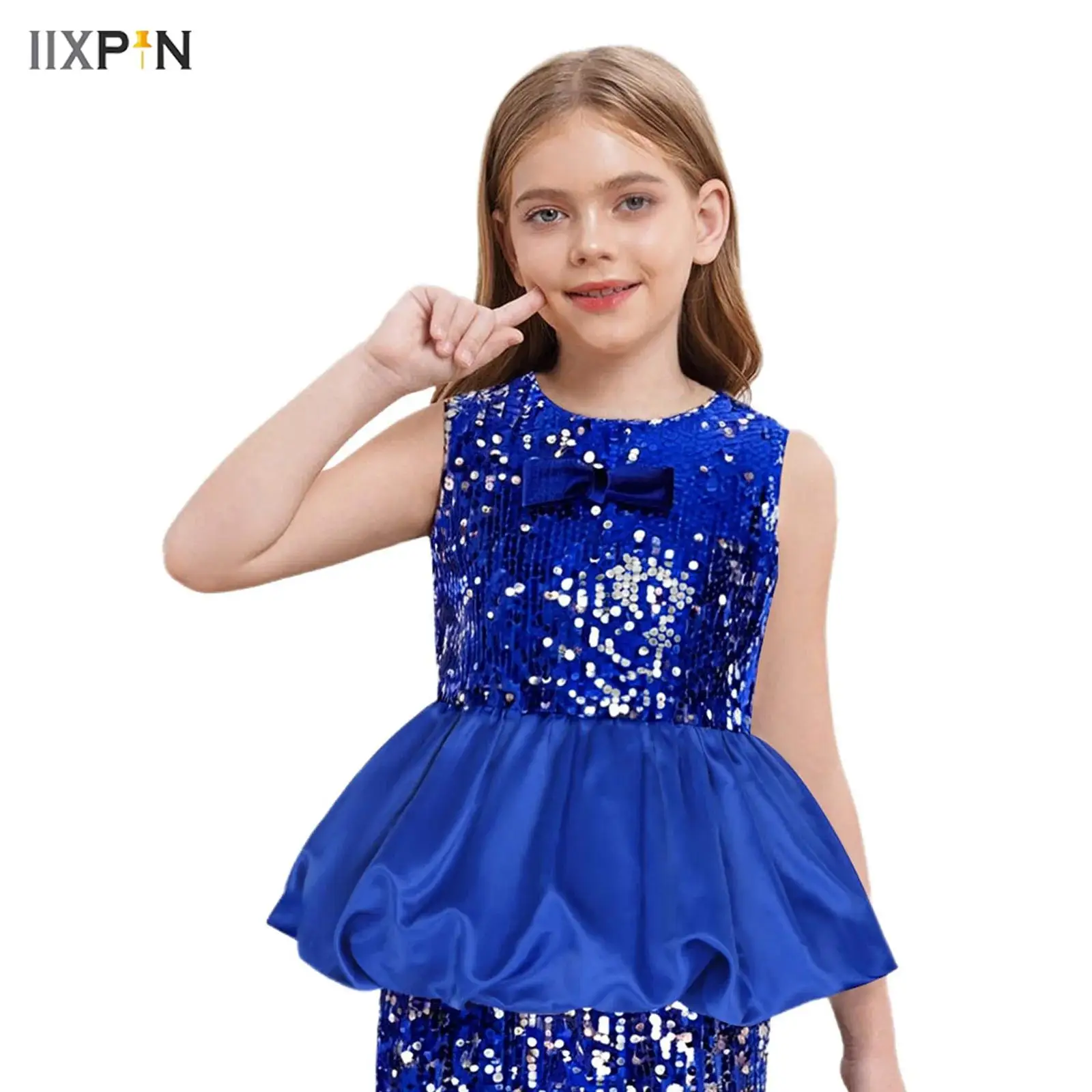 

Kids Girls Glittery Sequined Party Tank Top Puff Peplum Front Bow Sleeveless Fully Lining Vest Blouse for Birthday Proms Dance