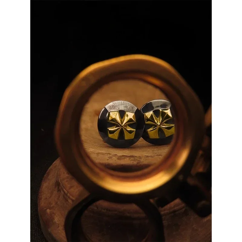Handmade 18K Gold Cross Star Cufflinks, Gentleman's French Shirt Sleeve Spikes