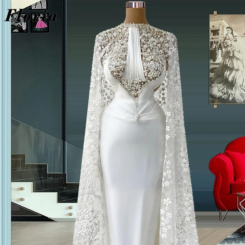 

Floria Middle East O Neck Long Evening Dress For Weddings Lace Pearls Prom Dresses Newest Dubai Women Celebrity Gowns Robes 2023