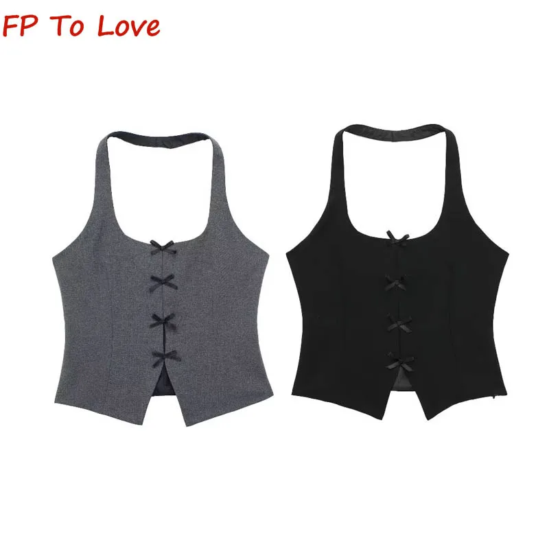 Y2K Grey Sexy Vest Bow Tie Neckline Top PB&ZA Women's Streetwear Jacket Vest 9094536