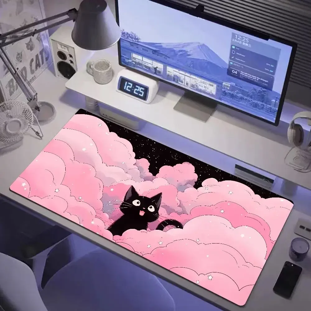 Kawaii Black Cat Green Plants Mousepad XXL Anime Pc Gamer Cabinet Mat Keyboard Carpet Computer Gaming Accessories HD Pad Rubber