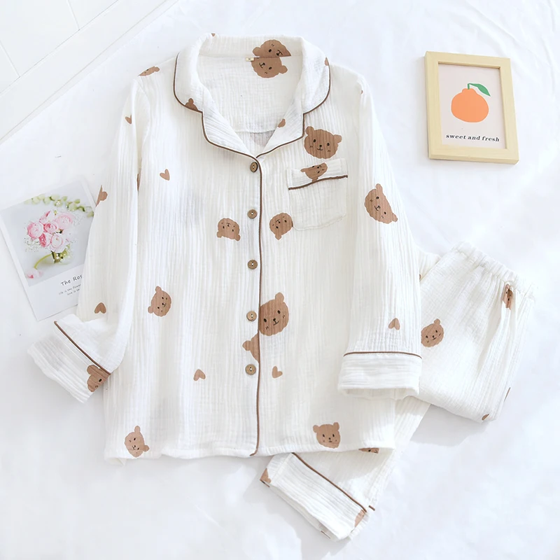 Spring Summer Autumn Couple Pure Cotton Cute Pajamas Set Sleepwear Female Long Sleeve Pijama Suit Loungewear Crepe Ladies Pyjama