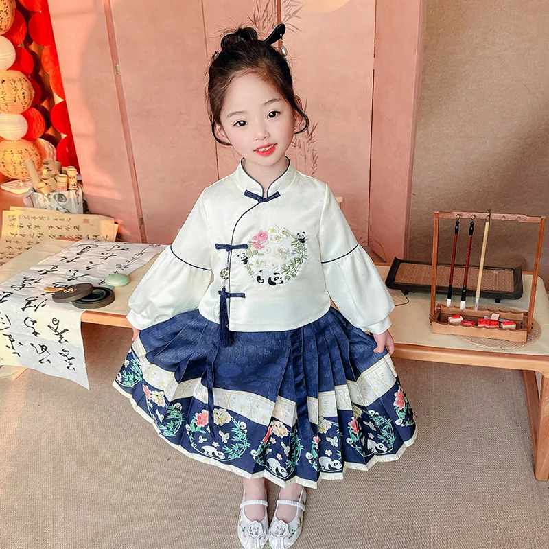 Spring And Autumn New Girl's Chinese Style Hanfu Ma Mian Skirt Set Primary School Student Birthday Two Piece Long Sleeve Skirt