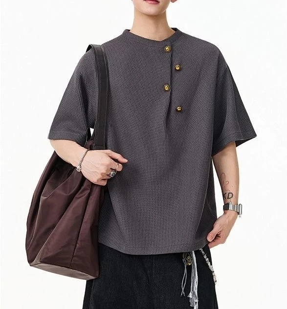 New Chinese Button Design 2026 Summer Short-sleeved T-shirt Metal Buckle Handsome and Loose