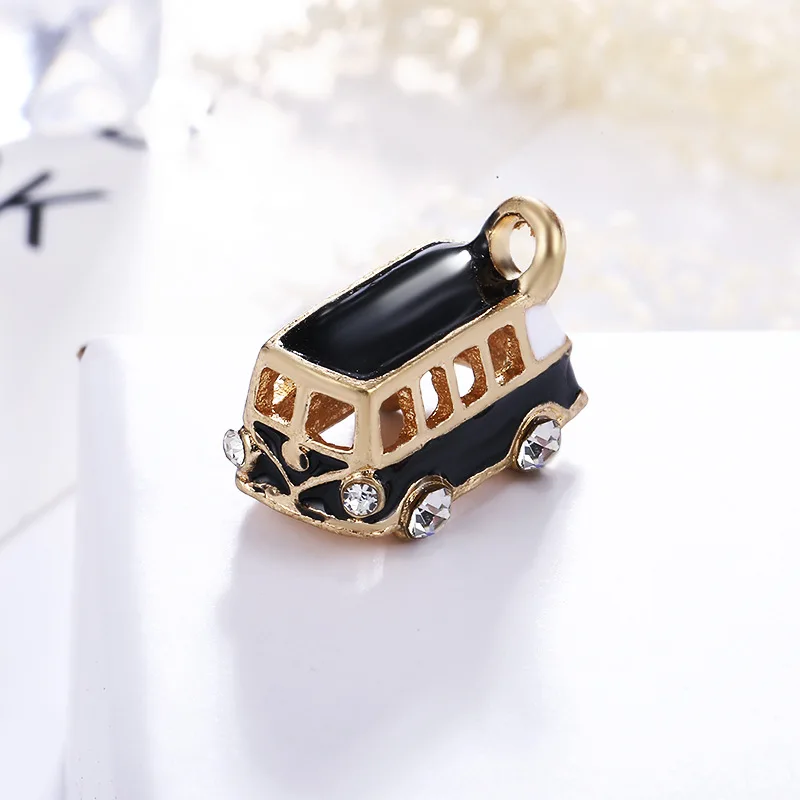 10pcs 3D Camper Van Miniature Pendant Enamel Camper DIY Jewelry Findings Charm with Rhinestone Bus