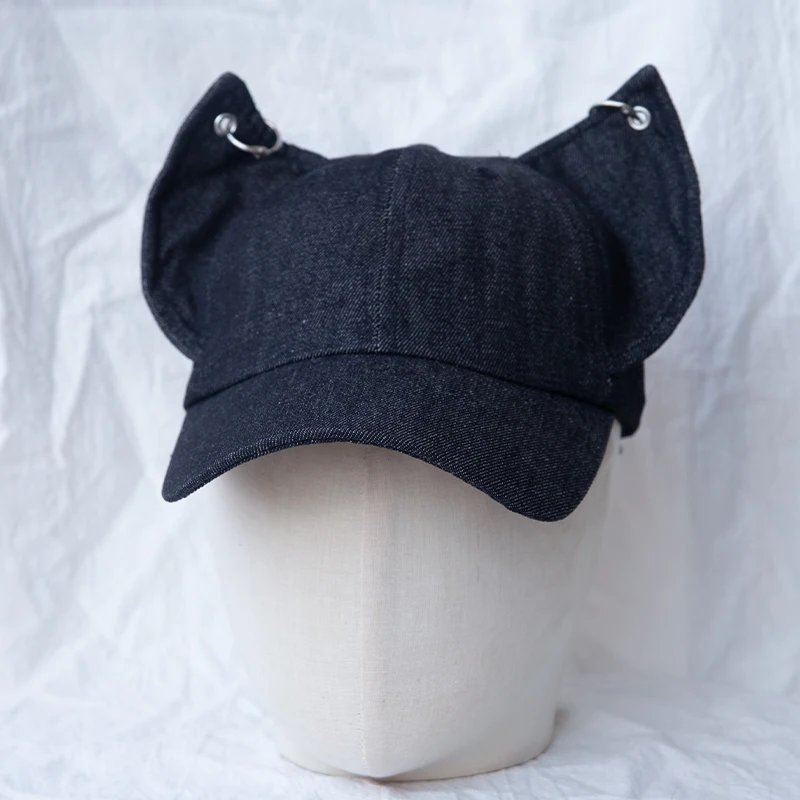 Harajuku Style Cat Ear Denim Baseball Cap Goth Punk Women's Hat with Metal Rings Kawaii Y2K Cyber J-fashion Cool Girl Topper
