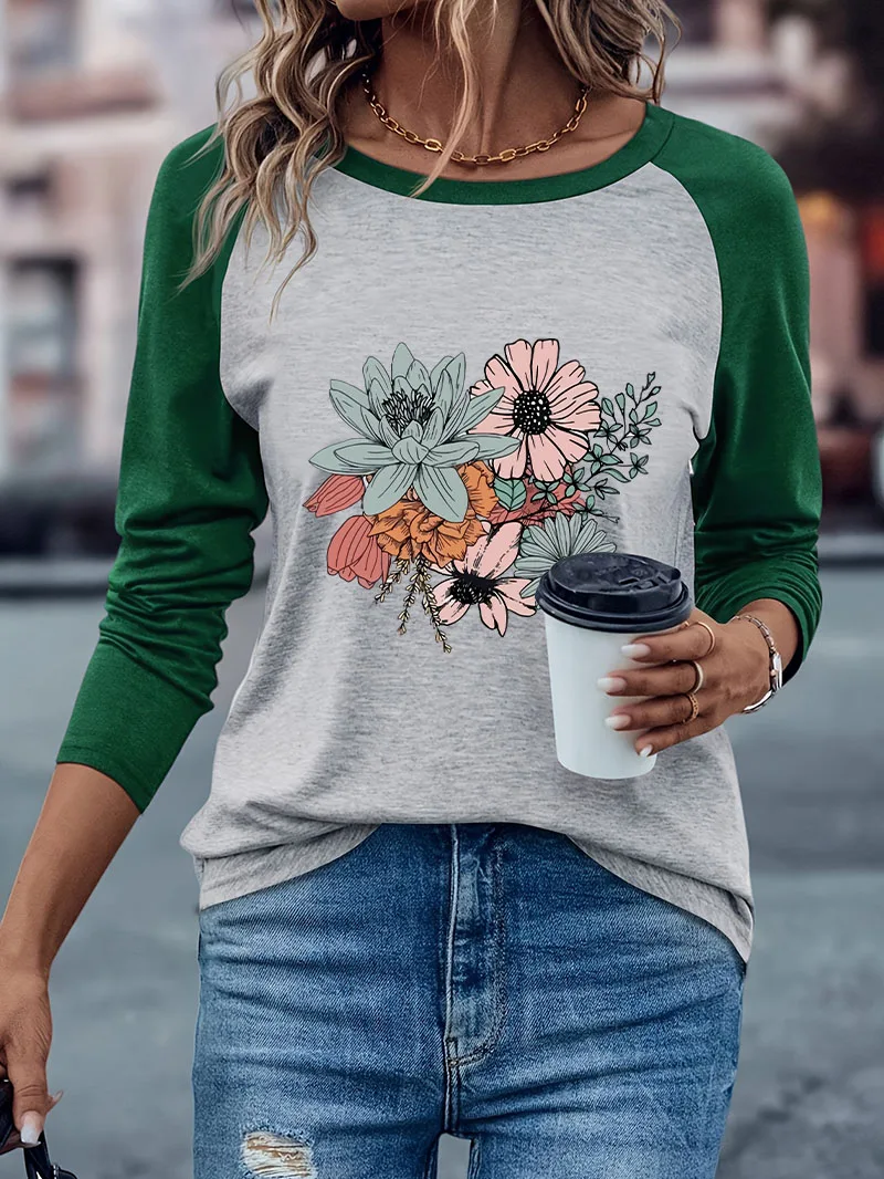 Harajuku Retro Blumenmuster Lässiges Langarm-T-Shirt Winter Herbst Grafisches Weiches Langarm-T-Shirt für Damen – Detail 3