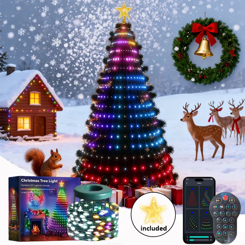 قطعتان من أضواء شجرة عيد الميلاد الذكية مع التحكم في تطبيق Star Topper DIY نمط النص IP67 مقاوم للماء لتزيين شجرة عيد الميلاد في العطلات