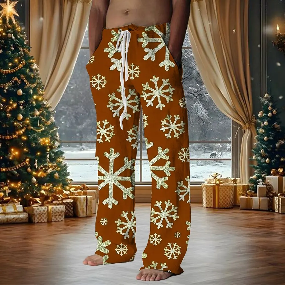 2025 Pantaloni da uomo con fiocco di neve di Natale Pantaloni con coulisse in vita elastica Pantaloni casual a gamba dritta per feste di Natale