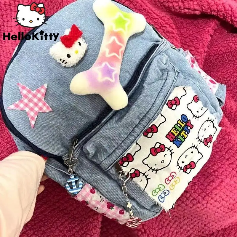 

Sanrio Gothic Hello Kitty Denim Backpack Student Cute Y 2k Harajuku Hip Hop Schoolbag Protable Travel Backpack 2000s Aesthetic