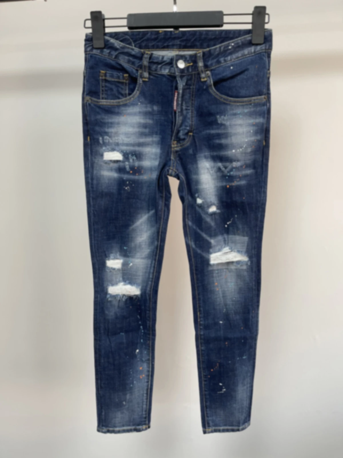 Lente en zomer 2024 nieuwe D2 jeans trendy heren gewassen gescheurde patch slim-fit all-match trendy merk kleine voeten blauw