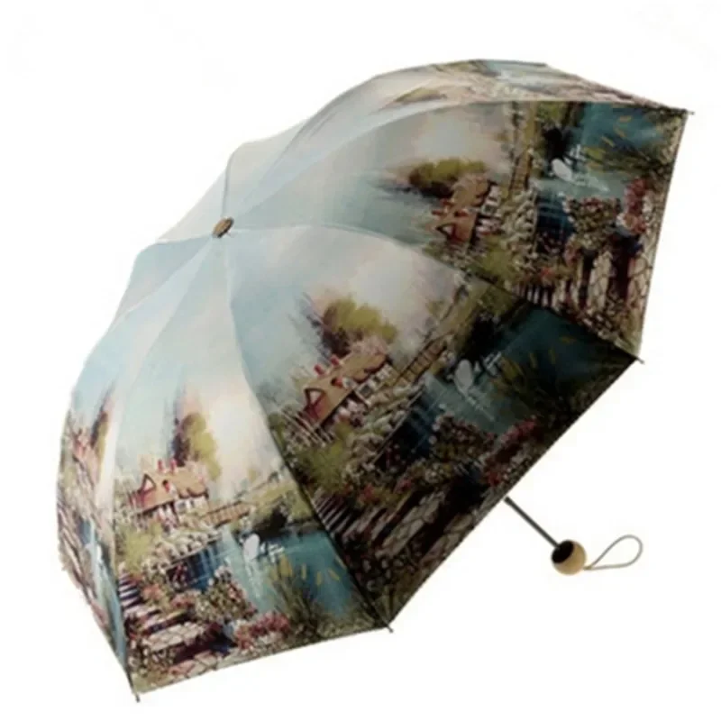 Famous painting Double thick silver coating anti uv umbrella for men blue sky and white clouds inside women rain umbrella