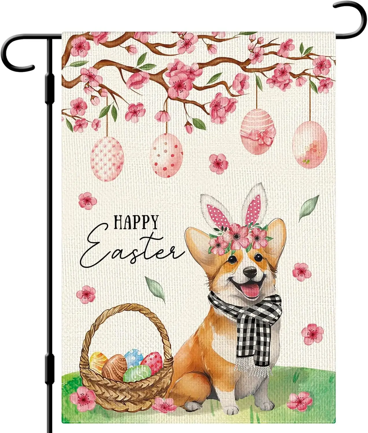 DLZDN Happy Easter Dog Garden Flag Cute Corgi Bunny Ear Egg Flag 12×18 Inch Double Side Vertical Burlap Farmhouse Yard Flag  WWP