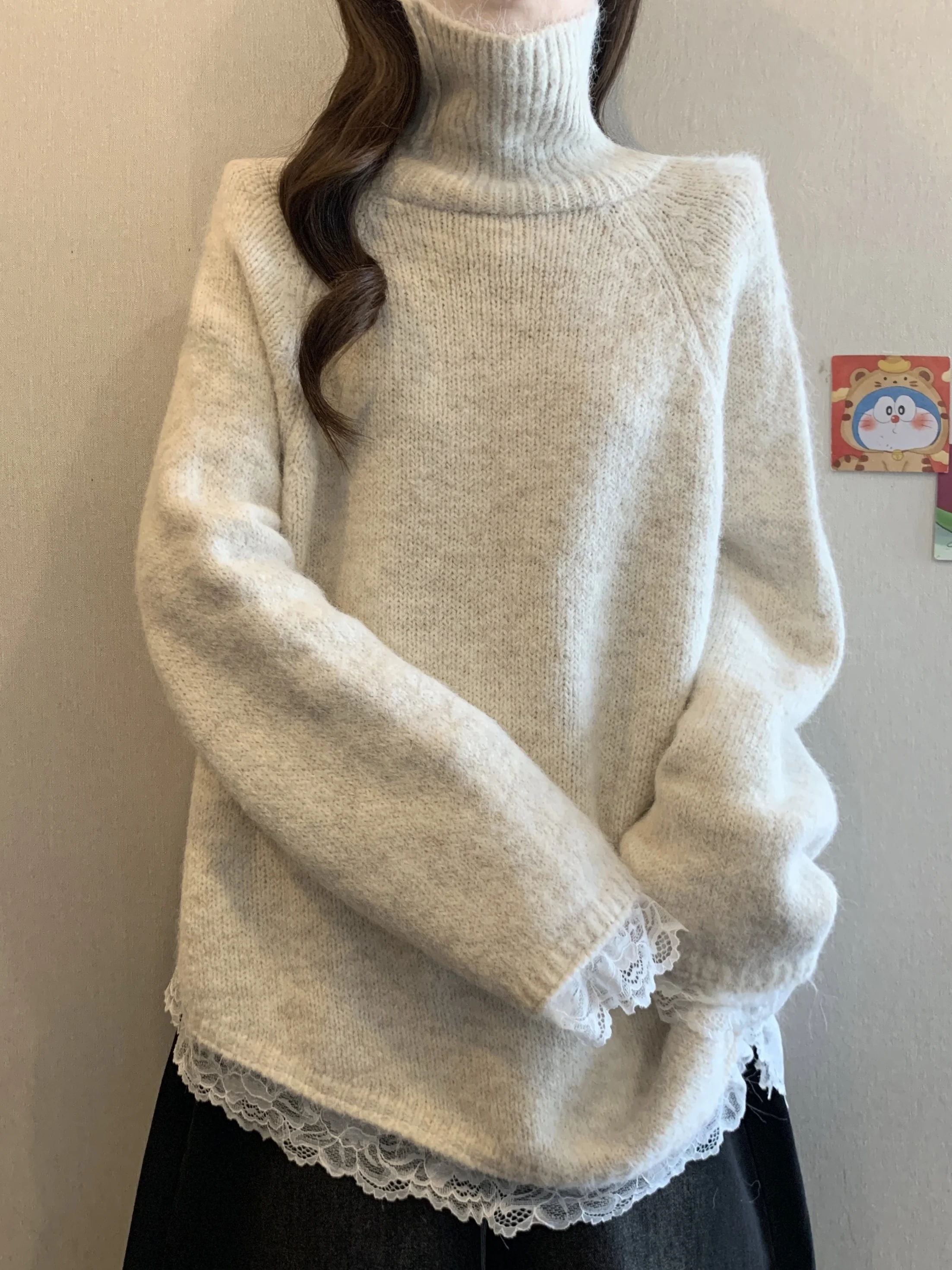 

plus Size High Collar Lace Splice Knitwear Women's Long Sve Mid-Length Asymmetrical Casual Comfortable Breathable Sweater