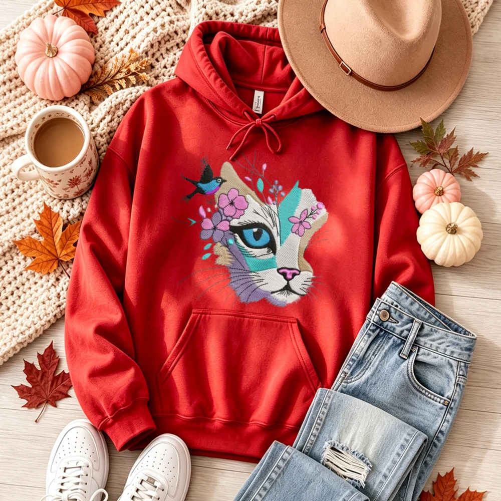 Colorful Floral Cat Bird Art Pullover Boho Watercolor Kitten Face Flower Swallow Print Casual Warm Aesthetic Daily Autumn Tops