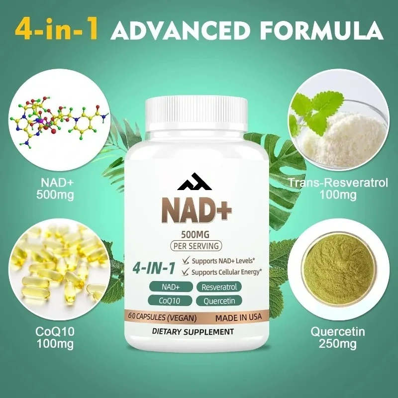 NAD Supplement 500mg Contains Trans Resveratrol, Coenzyme Q10, and Quercetin for Cellular Energy and Healthy Aging -60 Capsules