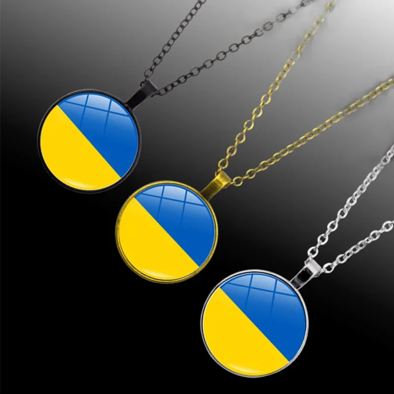 1PC Ukraine Flag Necklace Round Glass Cabochon Necklace Ukrainian Flag Pendant Jewelry Patriot Gift