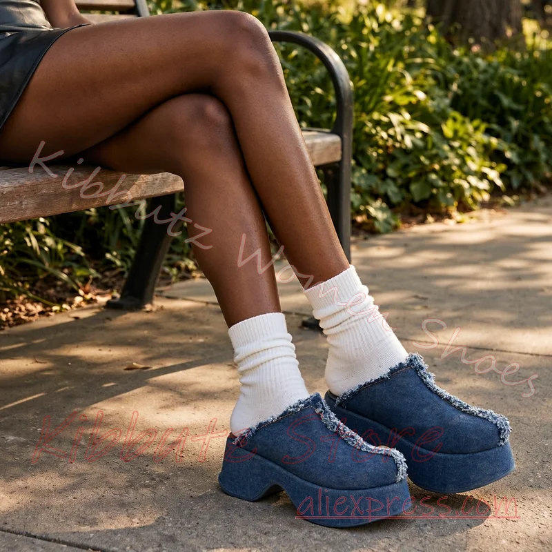 Denim Platform Mules Slipper Women Fringed Open Slip On Wedge Sole Y2K Alt Subculture Footwear Street Casual Party Daily Fashion