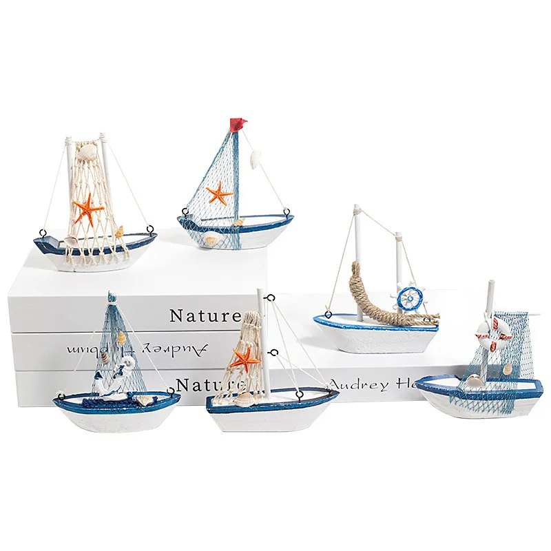 Mediterranean Style Wooden Canvas Boat Model Ornaments Creative Mediterranean Fishing Boat Starfish Shells Boat Miniature Models