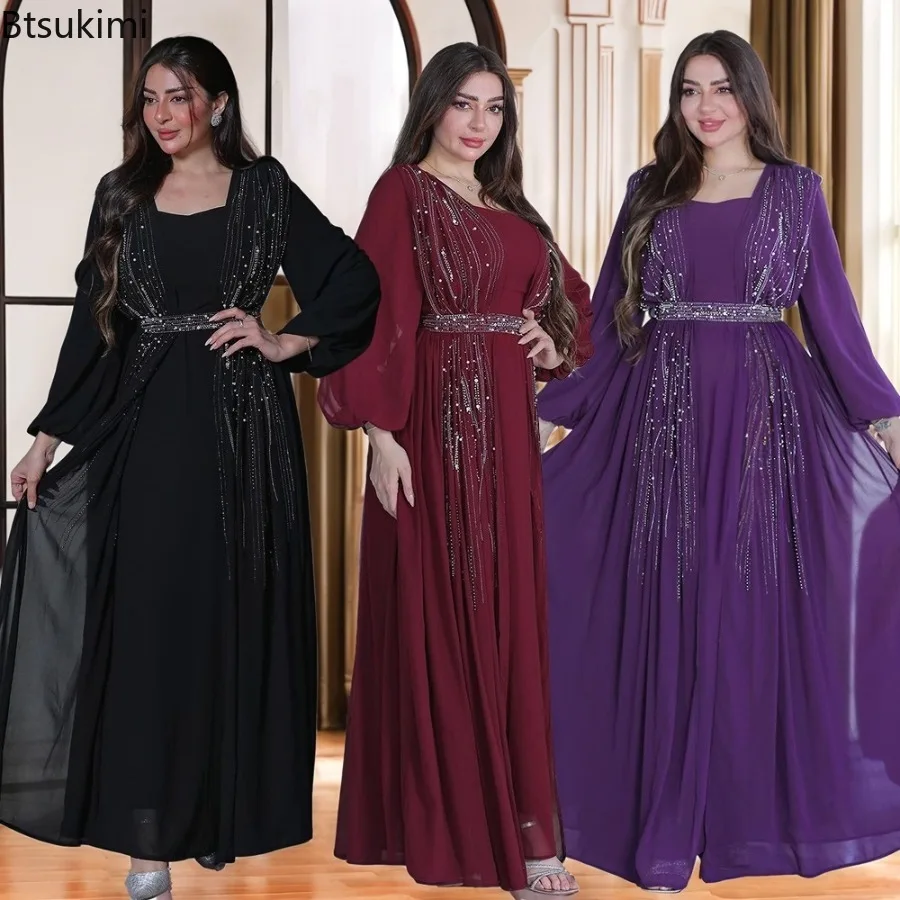 

2026 Muslim Women's Maxi Dress Dubai Arabian Abayas Luxury Fashion Evening Dresses with Rhinestones and Belt Elegant Party Gowns